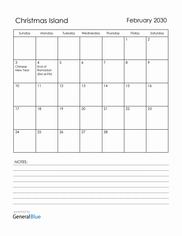 February 2030 Christmas Island Calendar with Holidays (Sunday Start)