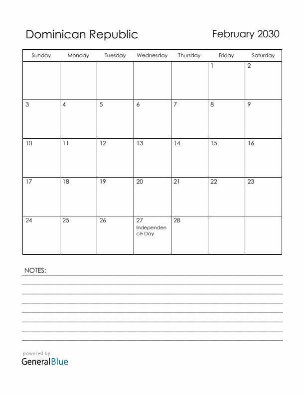 February 2030 Dominican Republic Calendar with Holidays (Sunday Start)