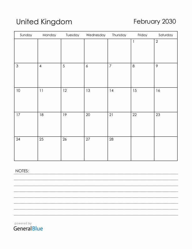 February 2030 United Kingdom Calendar with Holidays (Sunday Start)