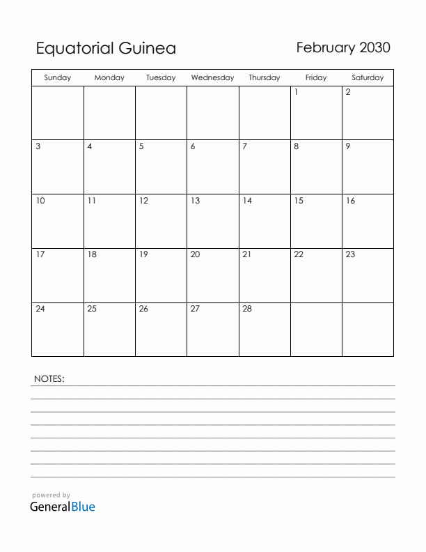 February 2030 Equatorial Guinea Calendar with Holidays (Sunday Start)
