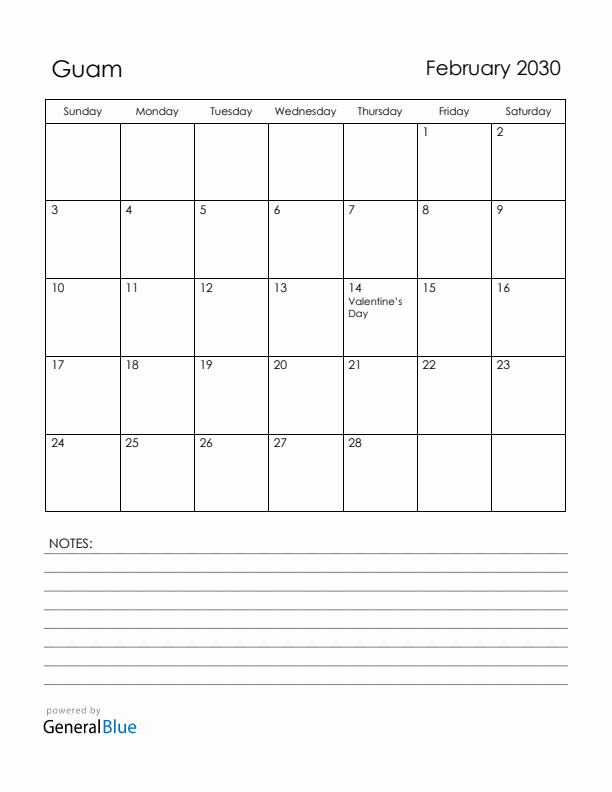 February 2030 Guam Calendar with Holidays (Sunday Start)