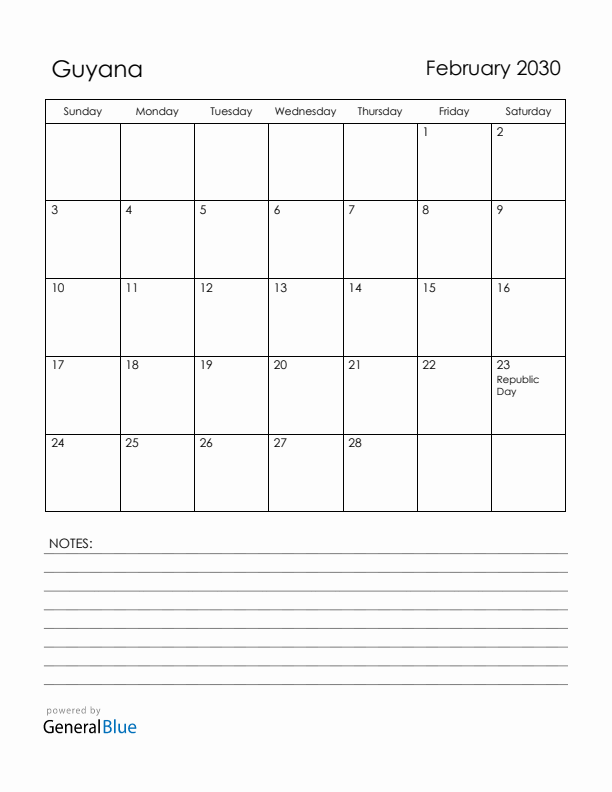 February 2030 Guyana Calendar with Holidays (Sunday Start)