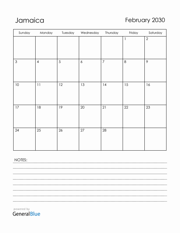 February 2030 Jamaica Calendar with Holidays (Sunday Start)