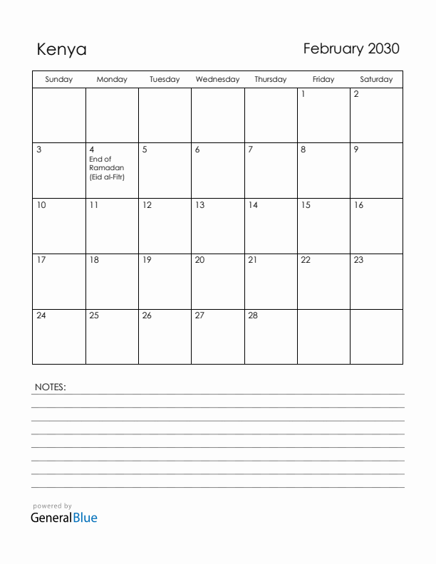 February 2030 Kenya Calendar with Holidays (Sunday Start)