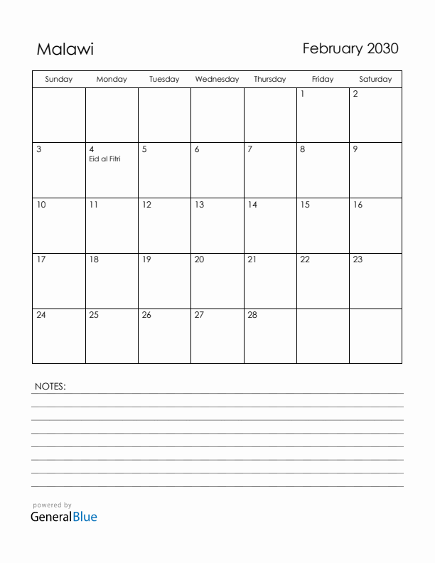 February 2030 Malawi Calendar with Holidays (Sunday Start)