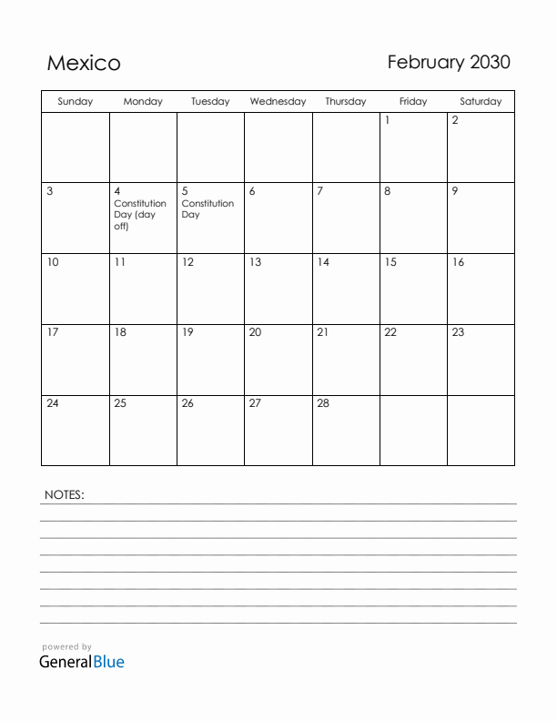 February 2030 Mexico Calendar with Holidays (Sunday Start)