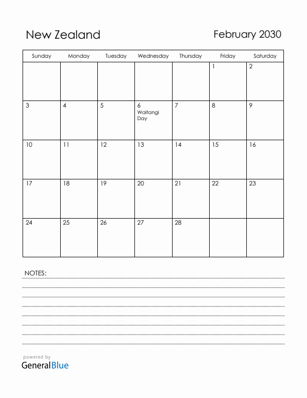 February 2030 New Zealand Calendar with Holidays (Sunday Start)