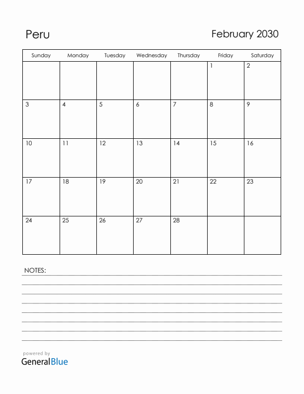 February 2030 Peru Calendar with Holidays (Sunday Start)