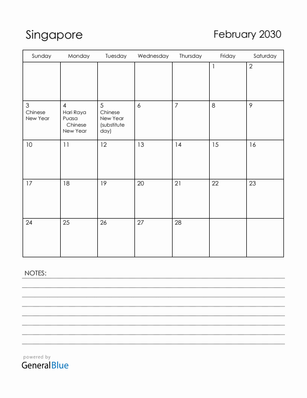 February 2030 Singapore Calendar with Holidays (Sunday Start)