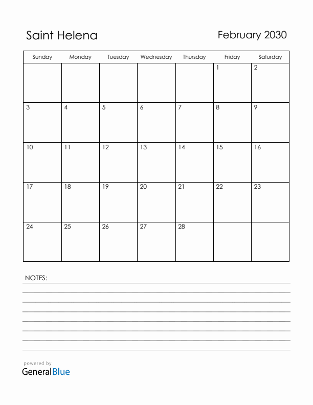 February 2030 Saint Helena Calendar with Holidays (Sunday Start)