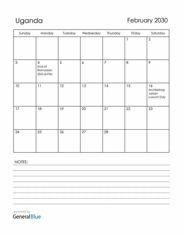 February 2030 Uganda Calendar with Holidays (Sunday Start)