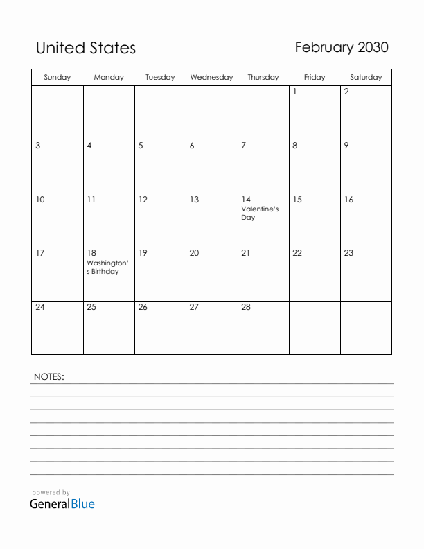 February 2030 United States Calendar with Holidays (Sunday Start)