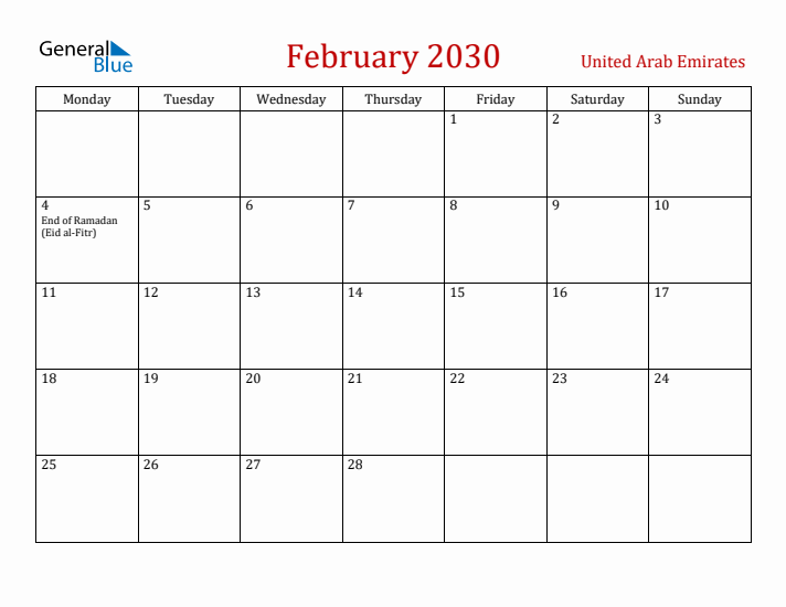 United Arab Emirates February 2030 Calendar - Monday Start