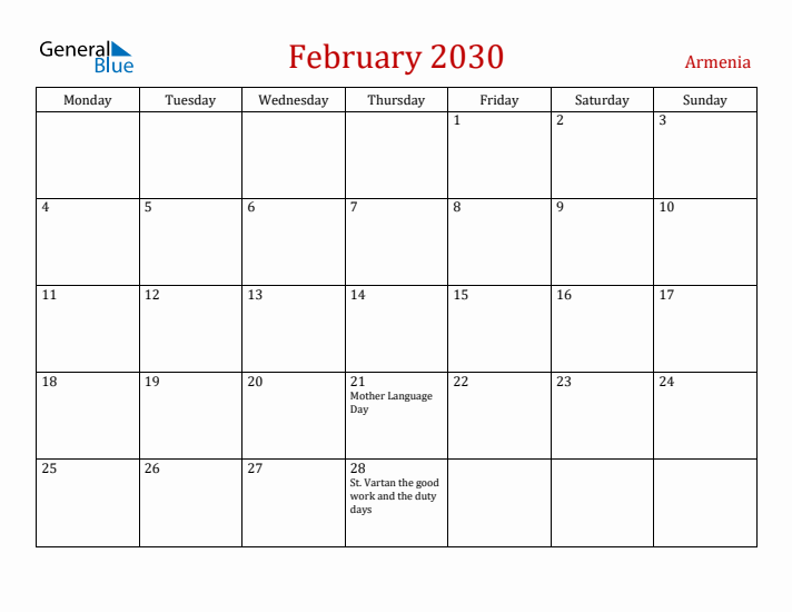 Armenia February 2030 Calendar - Monday Start