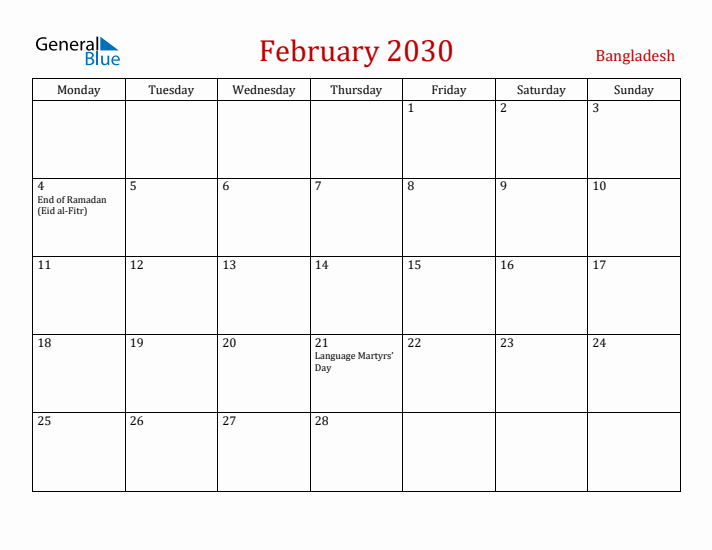 Bangladesh February 2030 Calendar - Monday Start