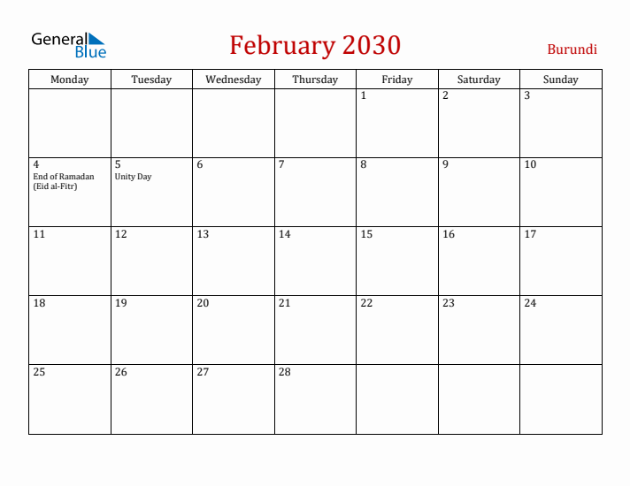 Burundi February 2030 Calendar - Monday Start
