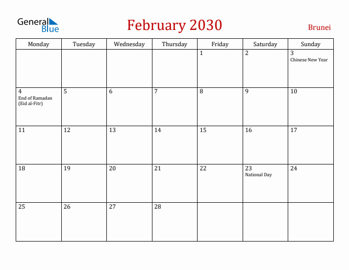 Brunei February 2030 Calendar - Monday Start