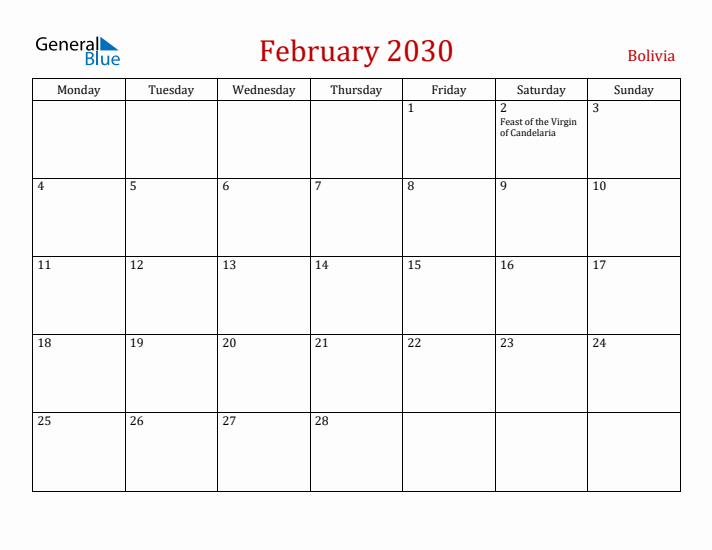 Bolivia February 2030 Calendar - Monday Start