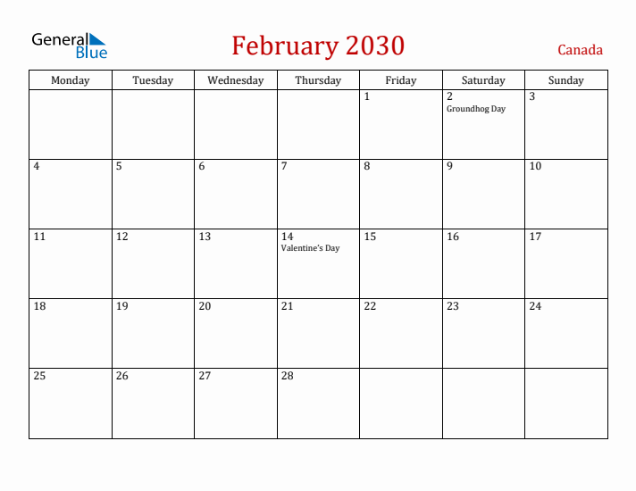 Canada February 2030 Calendar - Monday Start