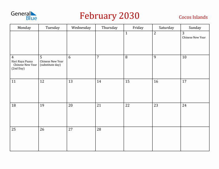 Cocos Islands February 2030 Calendar - Monday Start