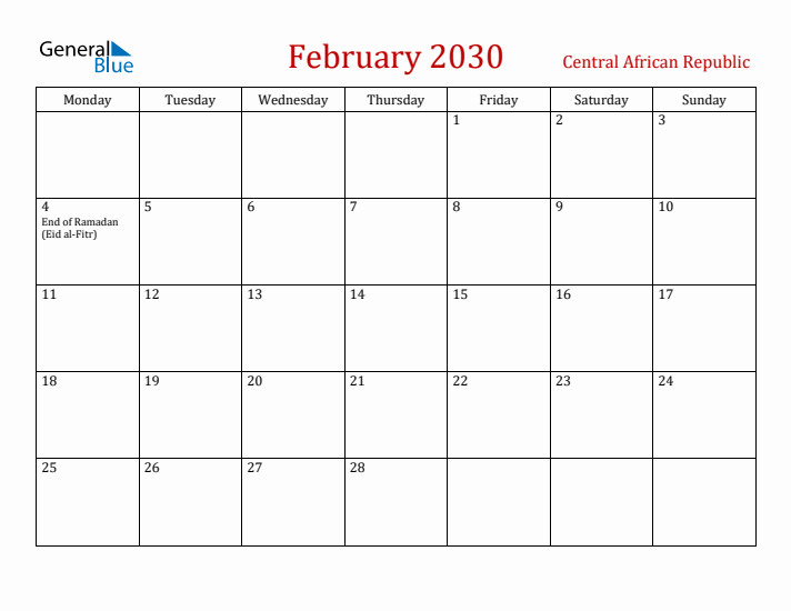 Central African Republic February 2030 Calendar - Monday Start