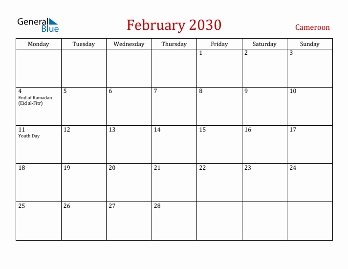 Cameroon February 2030 Calendar - Monday Start