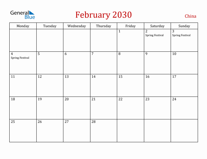 China February 2030 Calendar - Monday Start