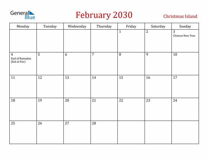 Christmas Island February 2030 Calendar - Monday Start