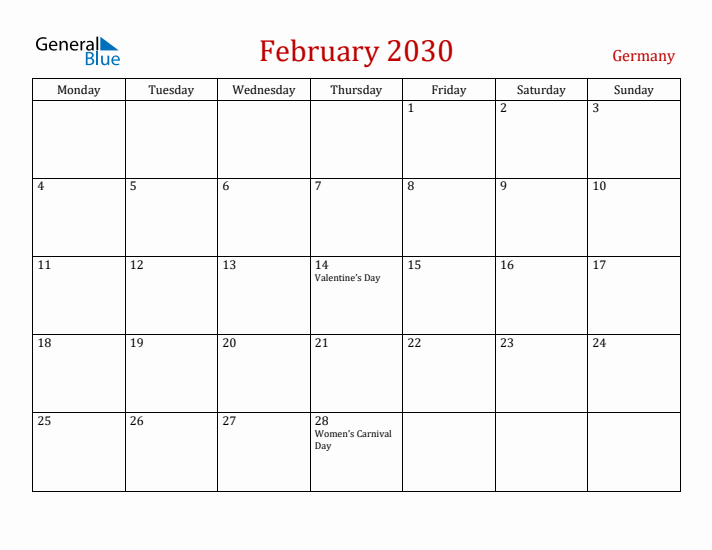 Germany February 2030 Calendar - Monday Start
