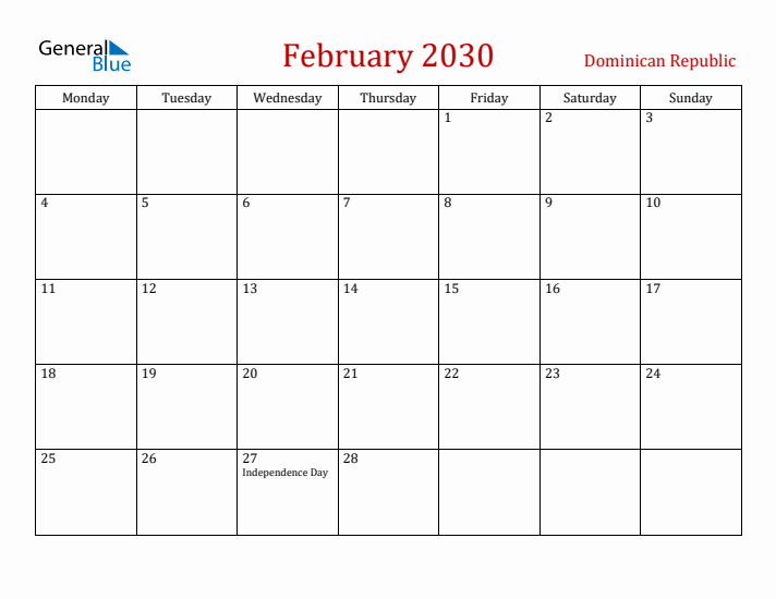 Dominican Republic February 2030 Calendar - Monday Start