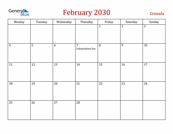 Grenada February 2030 Calendar - Monday Start