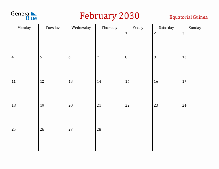 Equatorial Guinea February 2030 Calendar - Monday Start