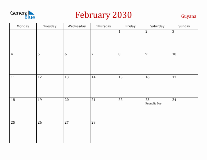 Guyana February 2030 Calendar - Monday Start