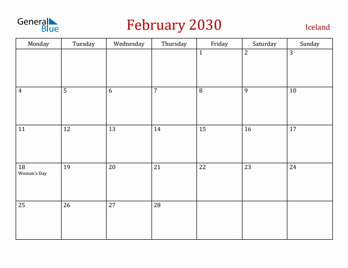 Iceland February 2030 Calendar - Monday Start