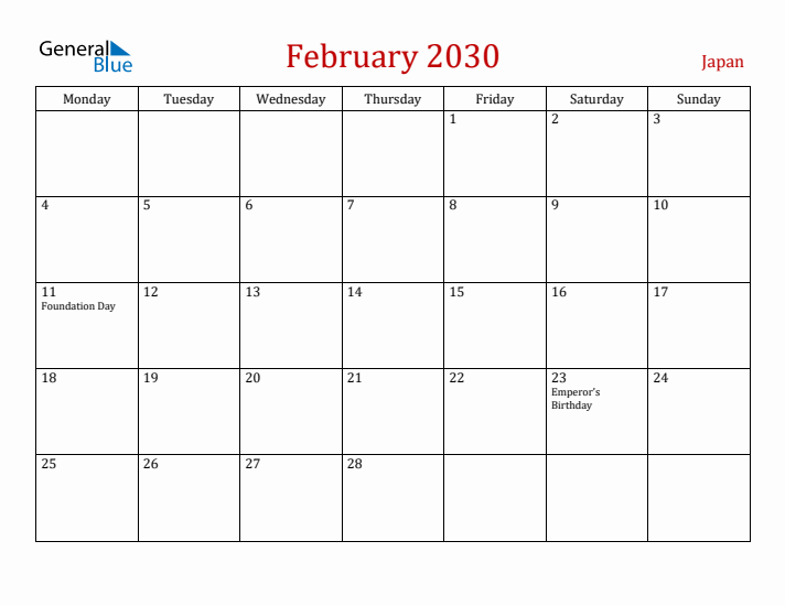 Japan February 2030 Calendar - Monday Start