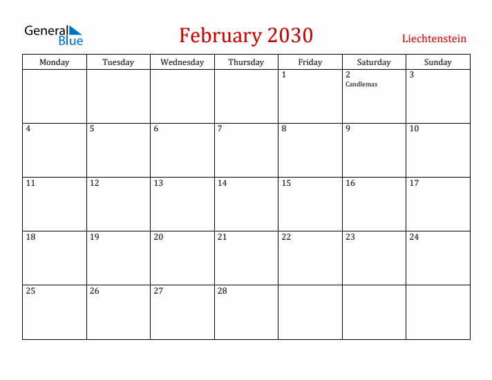Liechtenstein February 2030 Calendar - Monday Start