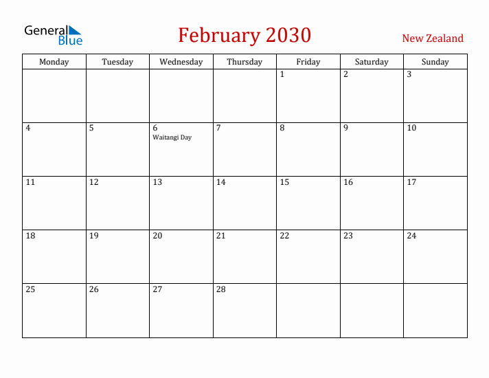 New Zealand February 2030 Calendar - Monday Start