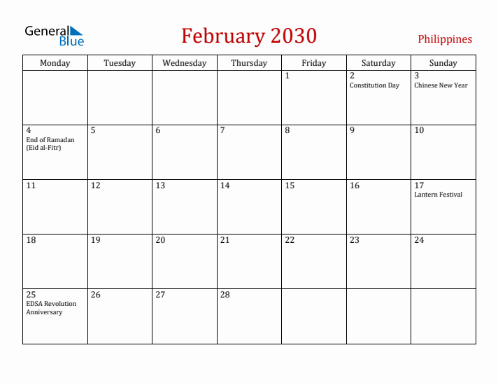 Philippines February 2030 Calendar - Monday Start