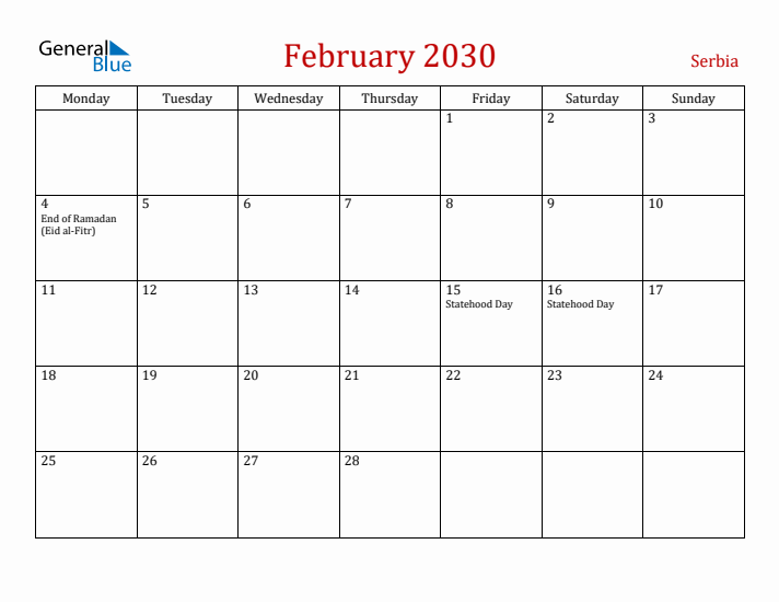 Serbia February 2030 Calendar - Monday Start