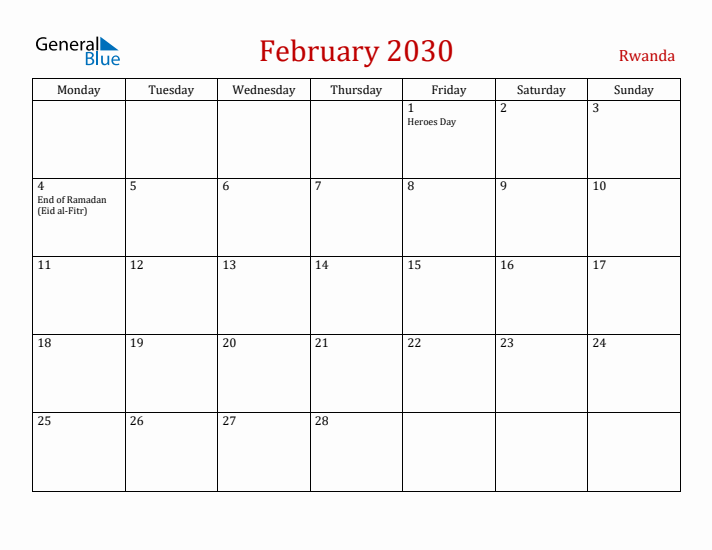 Rwanda February 2030 Calendar - Monday Start