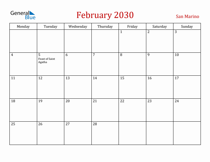 San Marino February 2030 Calendar - Monday Start