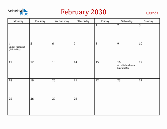 Uganda February 2030 Calendar - Monday Start