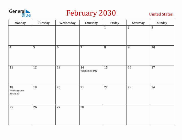United States February 2030 Calendar - Monday Start