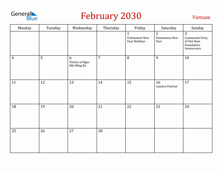 Vietnam February 2030 Calendar - Monday Start