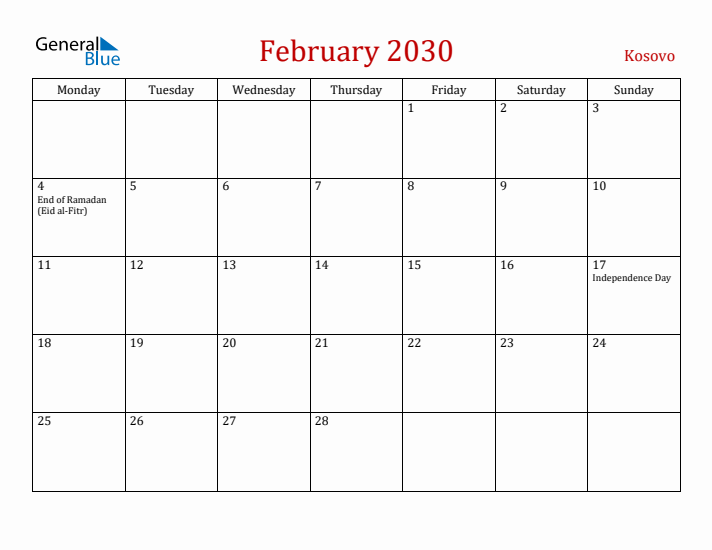 Kosovo February 2030 Calendar - Monday Start