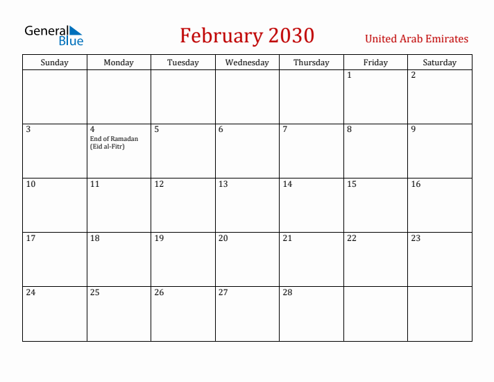 United Arab Emirates February 2030 Calendar - Sunday Start