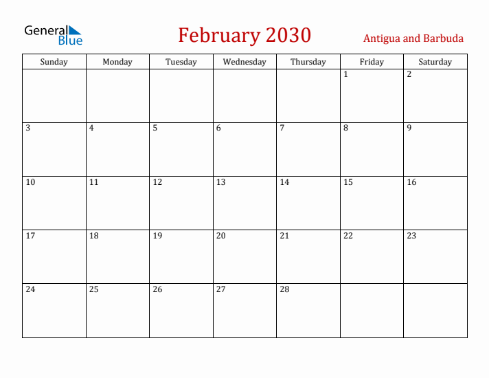 Antigua and Barbuda February 2030 Calendar - Sunday Start