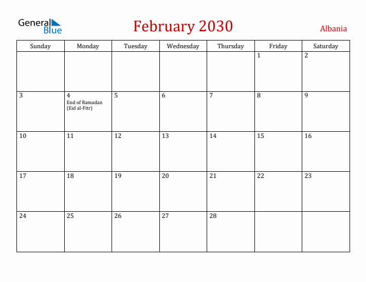 Albania February 2030 Calendar - Sunday Start