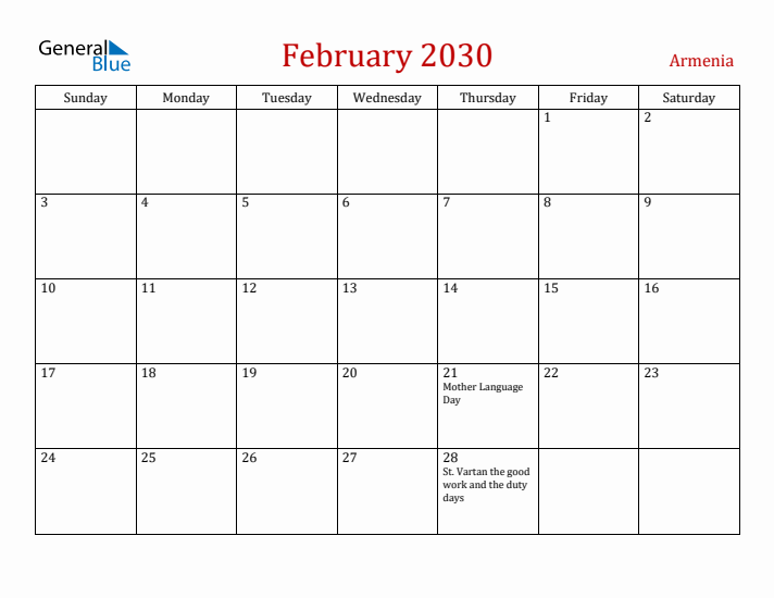 Armenia February 2030 Calendar - Sunday Start