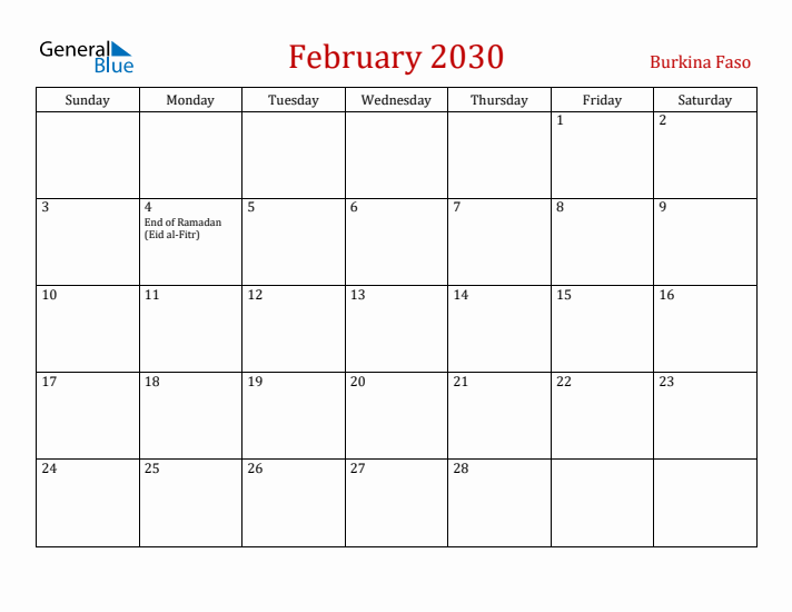 Burkina Faso February 2030 Calendar - Sunday Start
